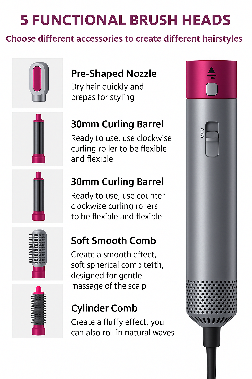 Muti-Functional 5 IN 1 Hair Styling Tool Detachable Hot Air Brush Hair Dryer with Comb